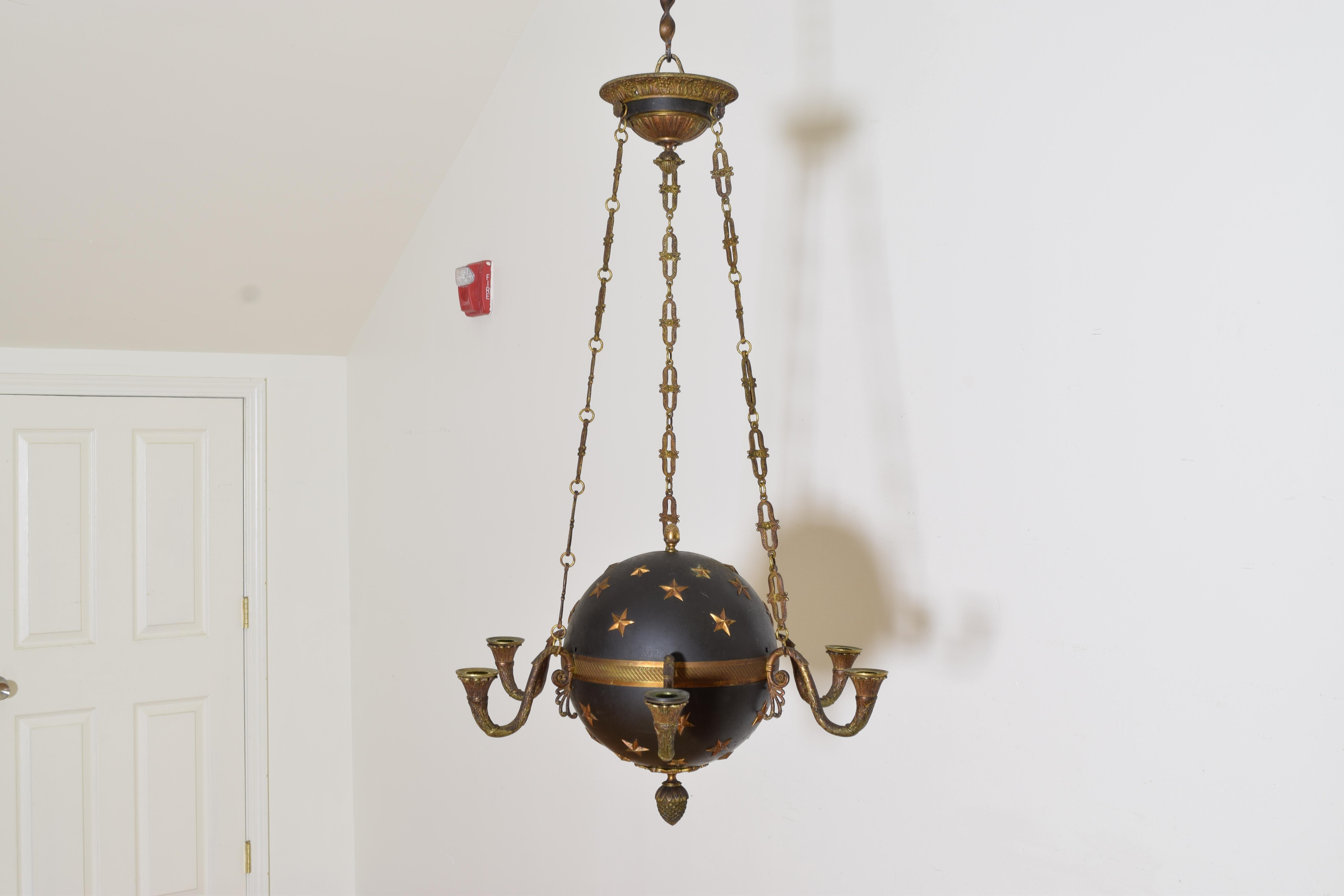 French Empire Period Tole & Bronze 6-light Globe Chandelier, early 19th century In Excellent Condition In Atlanta, GA
