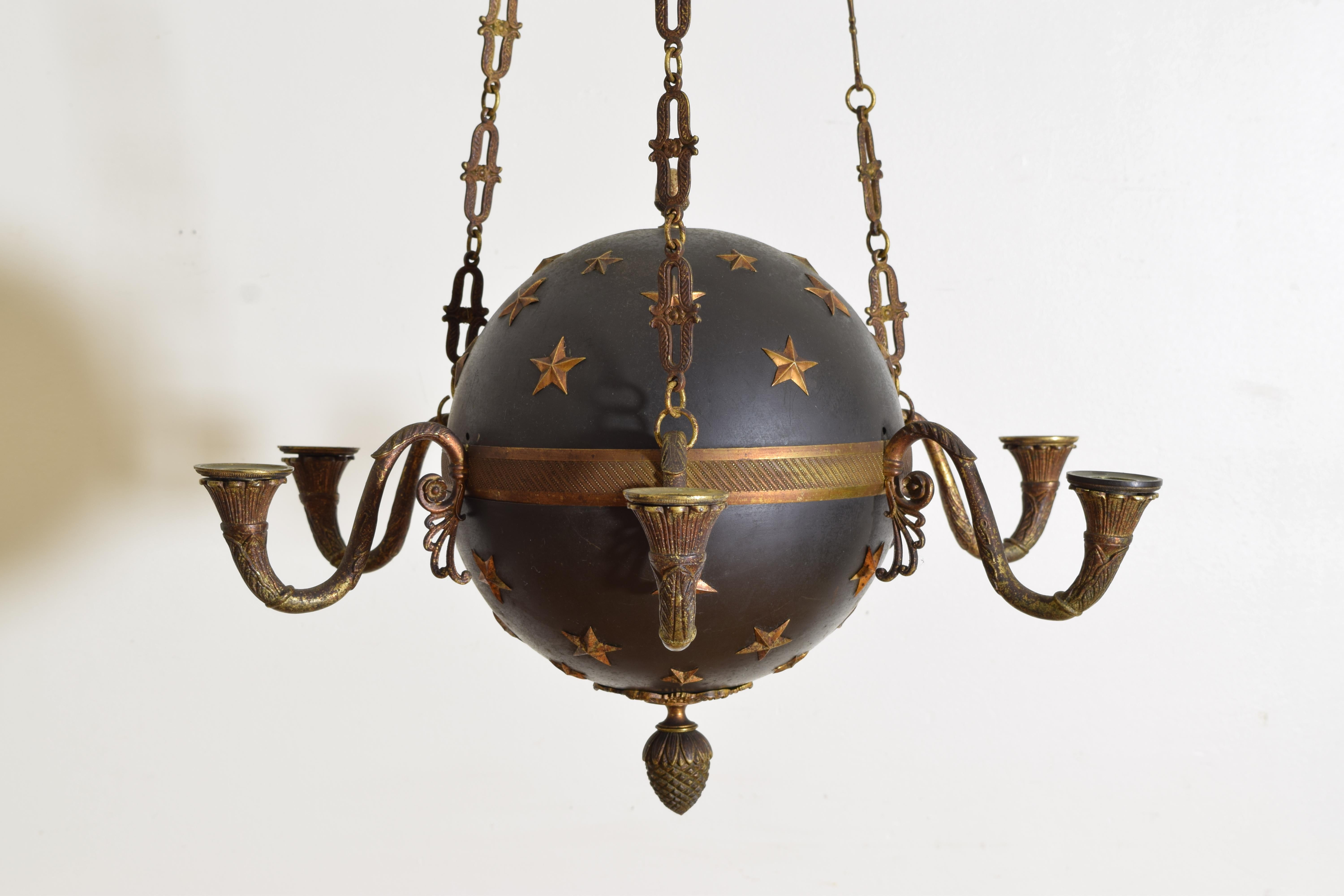 French Empire Period Tole & Bronze 6-light Globe Chandelier, early 19th century 3