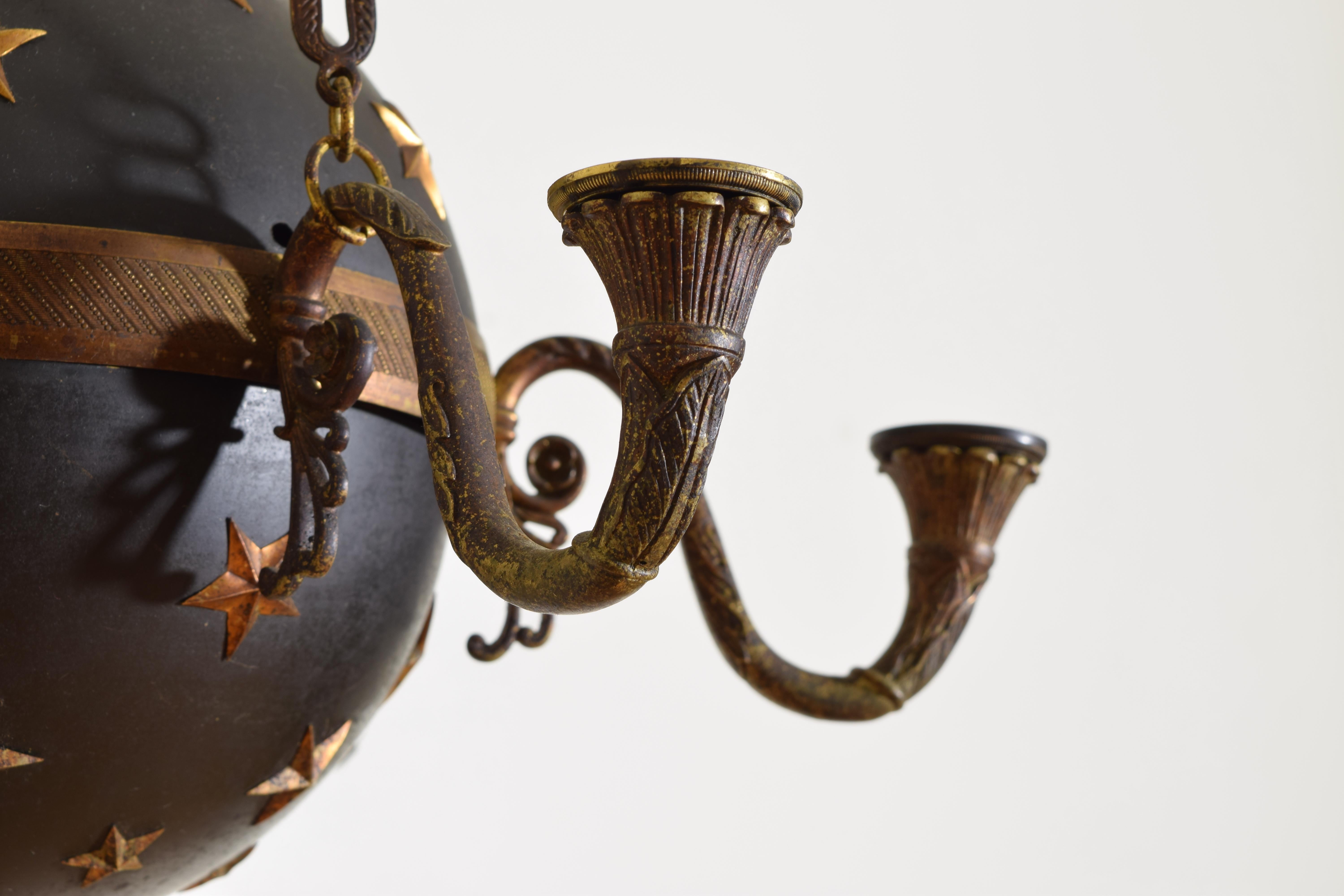 French Empire Period Tole & Bronze 6-light Globe Chandelier, early 19th century 5