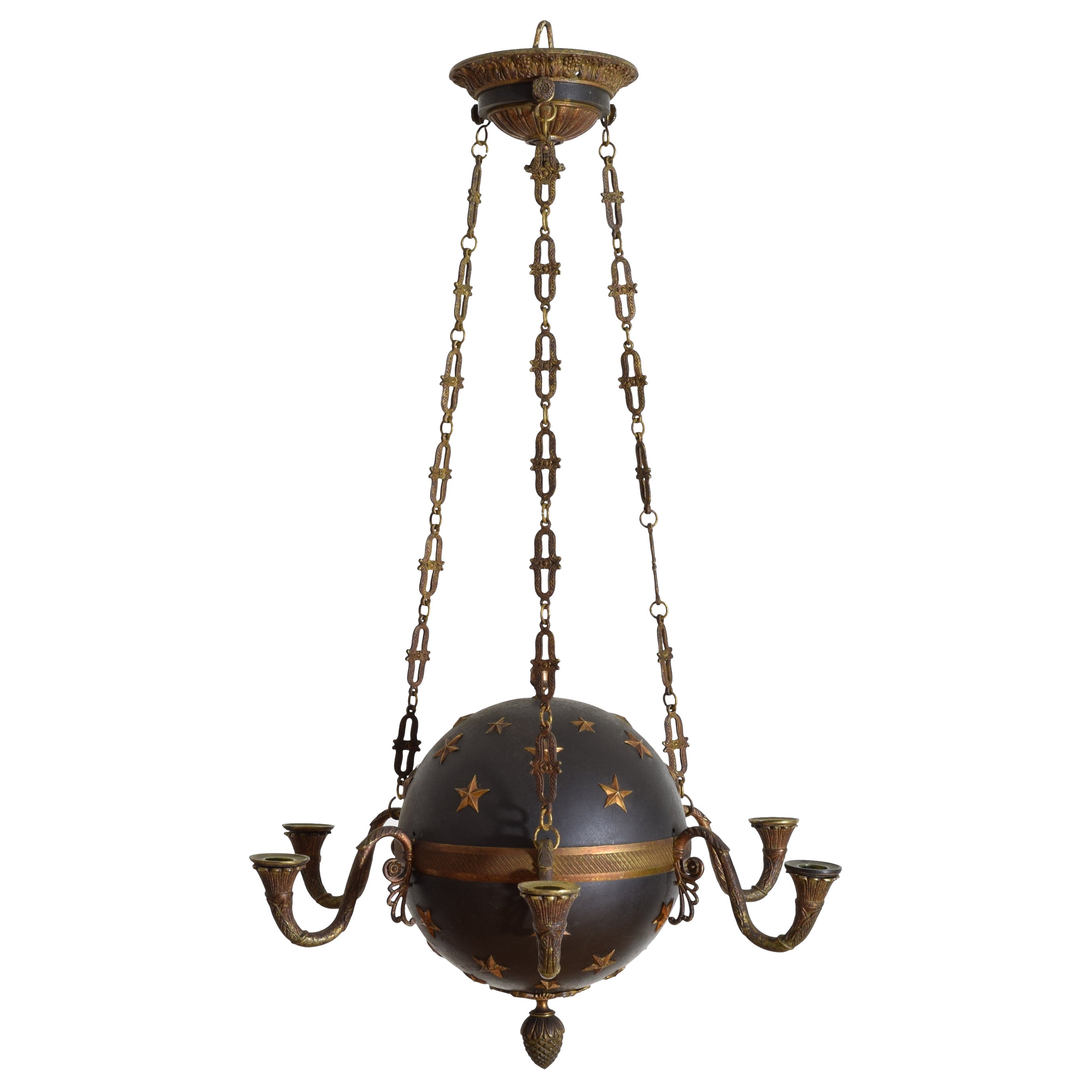 French Empire Period Tole & Bronze 6-light Globe Chandelier, early 19th century