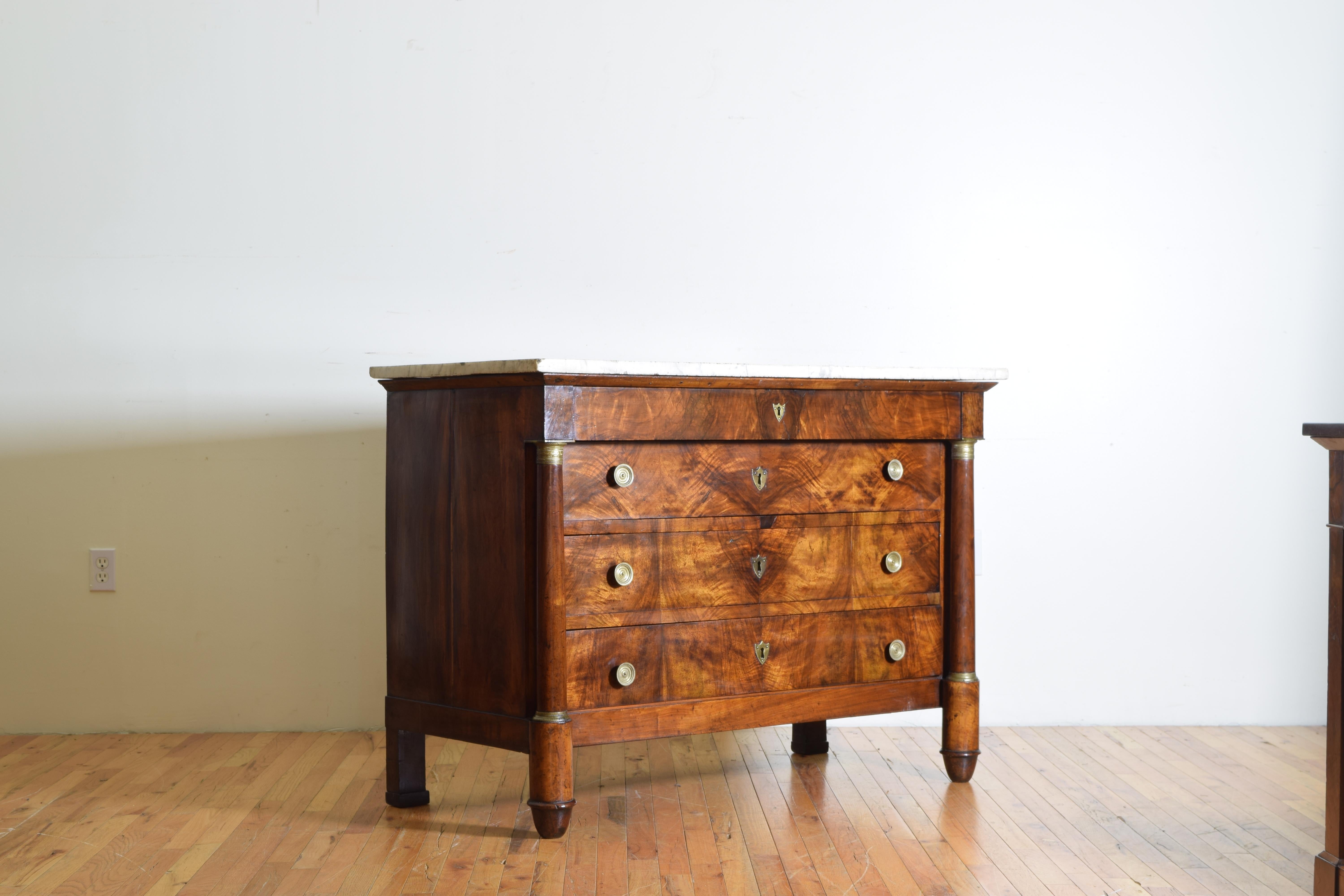19th Century French Empire Period Walnut 4-Drawer Marble-Top Commode, circa 1820