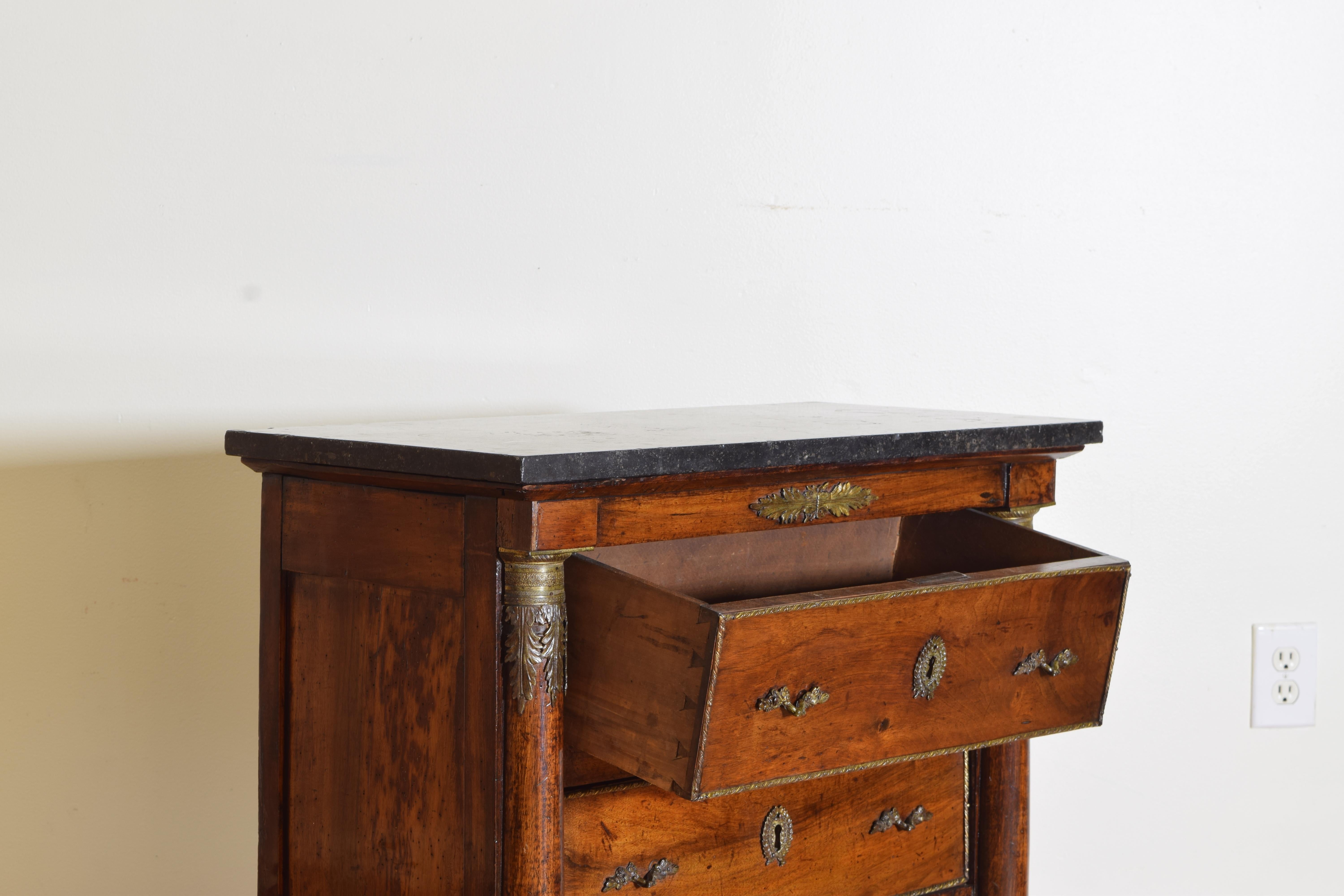 French Empire Period Walnut & Brass Mounted Marble Top 3-Drawer Commode, ca 1810 1