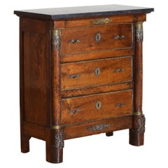French Empire Period Walnut & Brass Mounted Marble Top 3-Drawer Commode, ca 1810