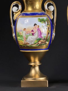 French Empire Porcelain Vases, Pair, Hand-Painted Figural Scenes, 11.4in