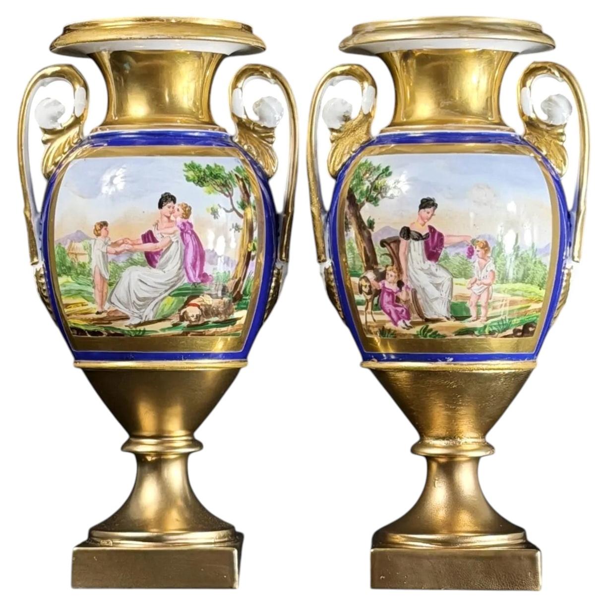 French Empire Porcelain Vases, Pair, Hand-Painted Figural Scenes, 11.4in For Sale