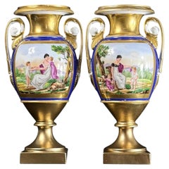 French Empire Porcelain Vases, Pair, Hand-Painted Figural Scenes, 11.4in