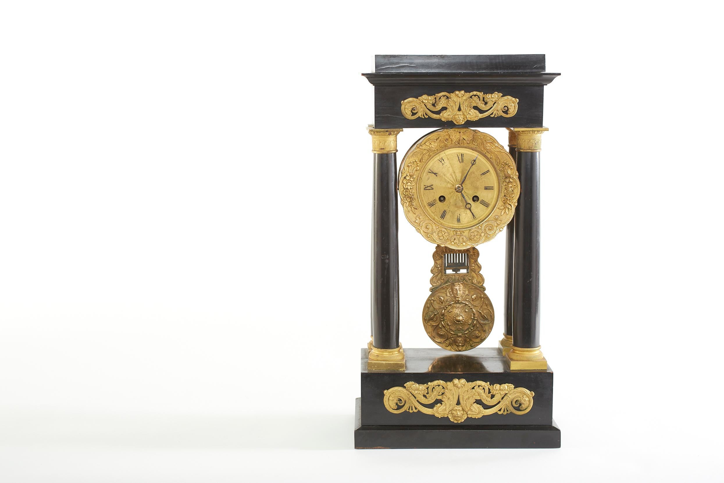 French Empire Portico Black / Bronze Table Clock 8
