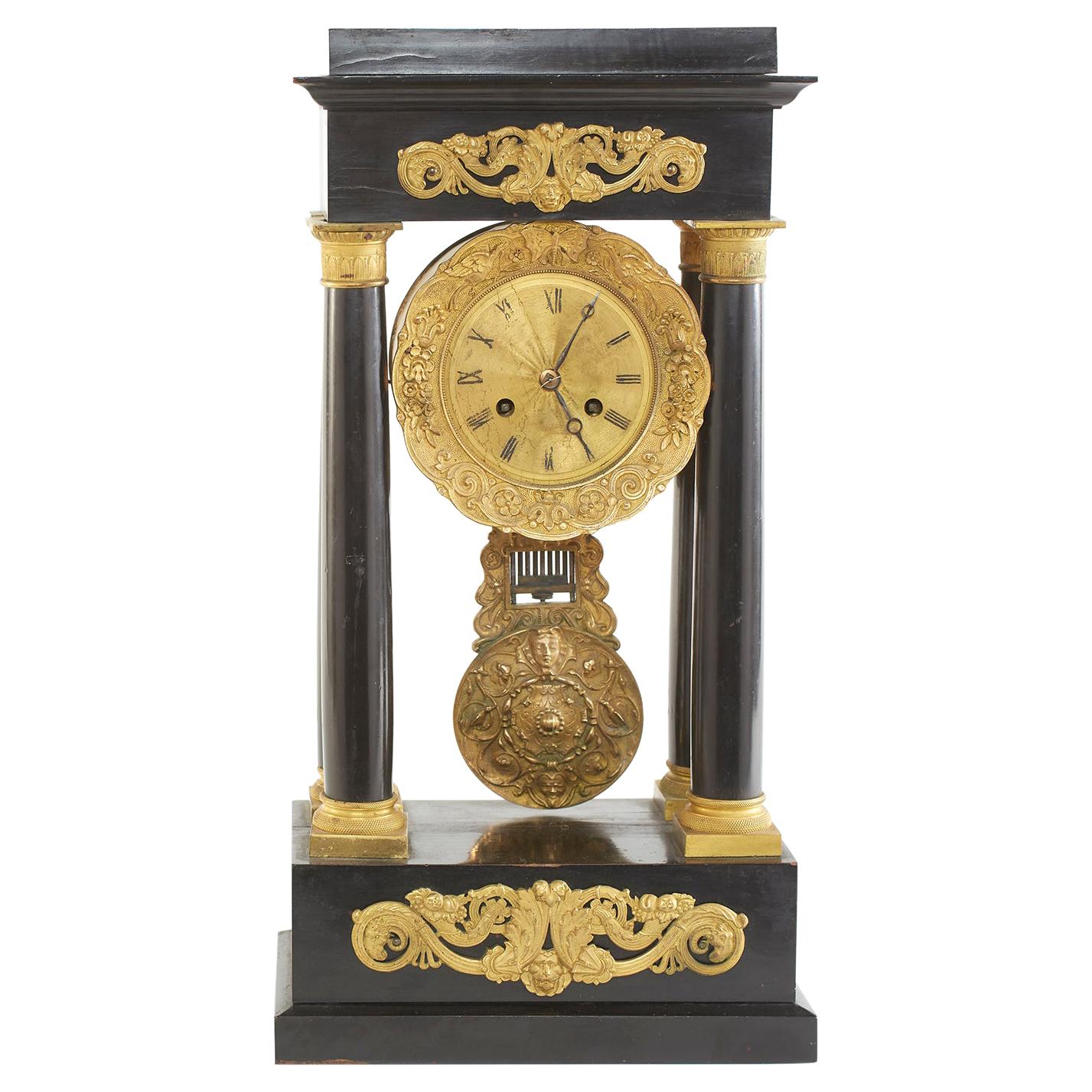 French Empire Portico Black / Bronze Table Clock