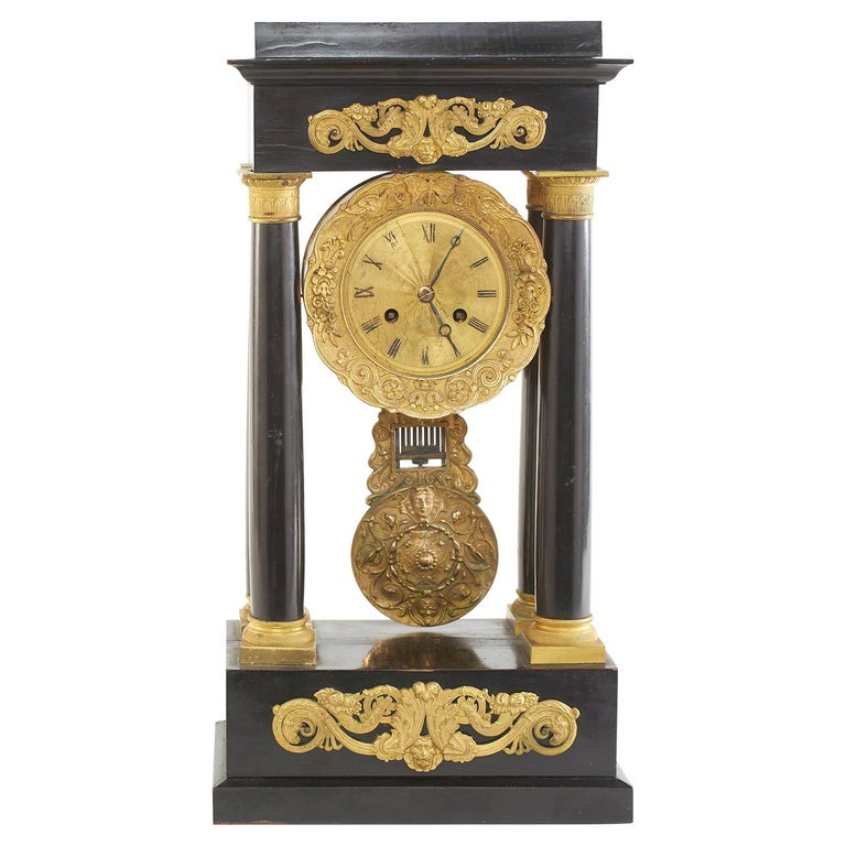 French Empire Portico Black / Bronze Table Clock For Sale