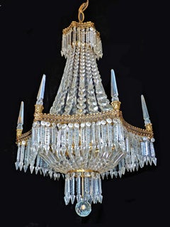 French Empire Regency Baccarat Style 6 Crystal Obelisks Basket Bronze Chandelier
