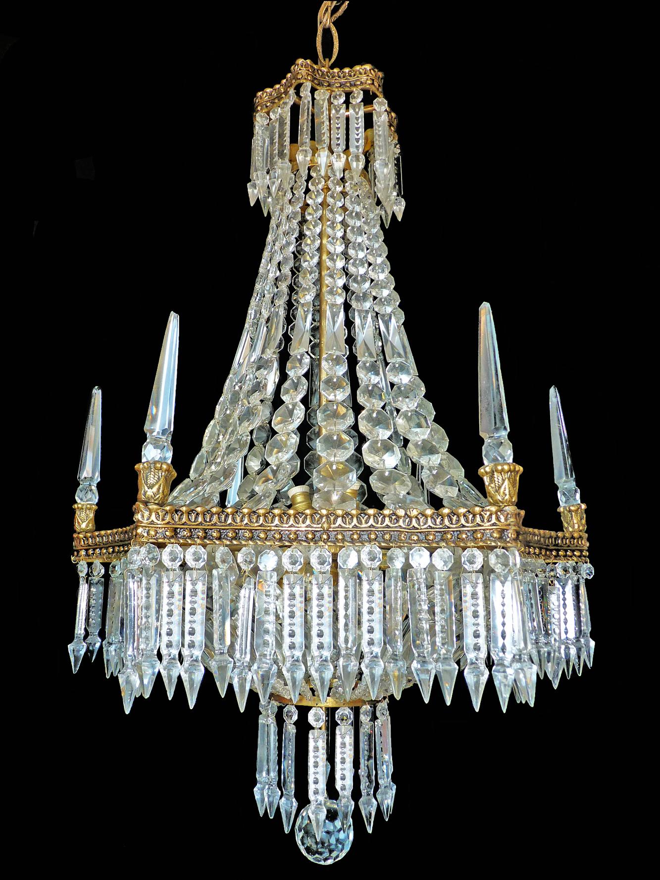 Gilt French Empire Regency Baccarat Style 6 Crystal Obelisks Basket Bronze Chandelier For Sale