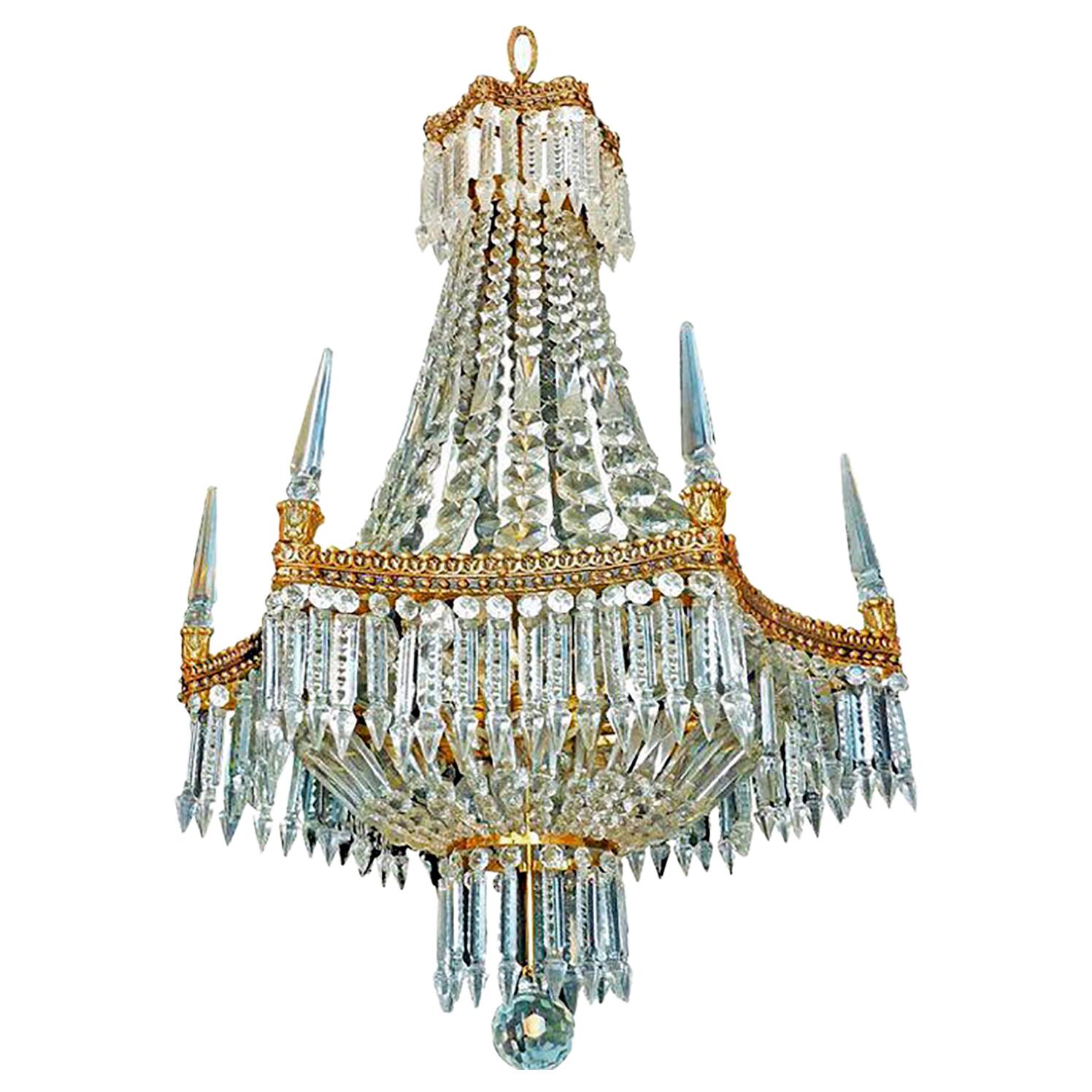 French Empire Regency Baccarat Style 6 Crystal Obelisks Basket Bronze Chandelier For Sale