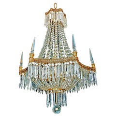 Vintage French Empire Regency Baccarat Style 6 Crystal Obelisks Basket Bronze Chandelier