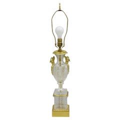Antique French Empire Regency Baccarat Style Glass Crystal Urn Table Lamp w/ Brass Swans
