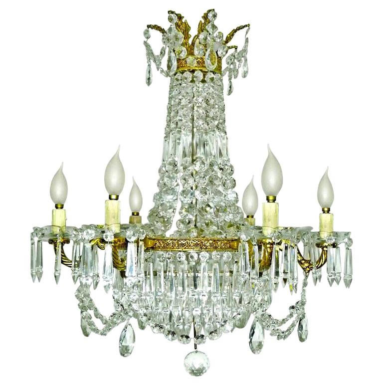 French Empire Regency Crystal and Gilt Bronze 12-Light Wedding Cake Chandelier