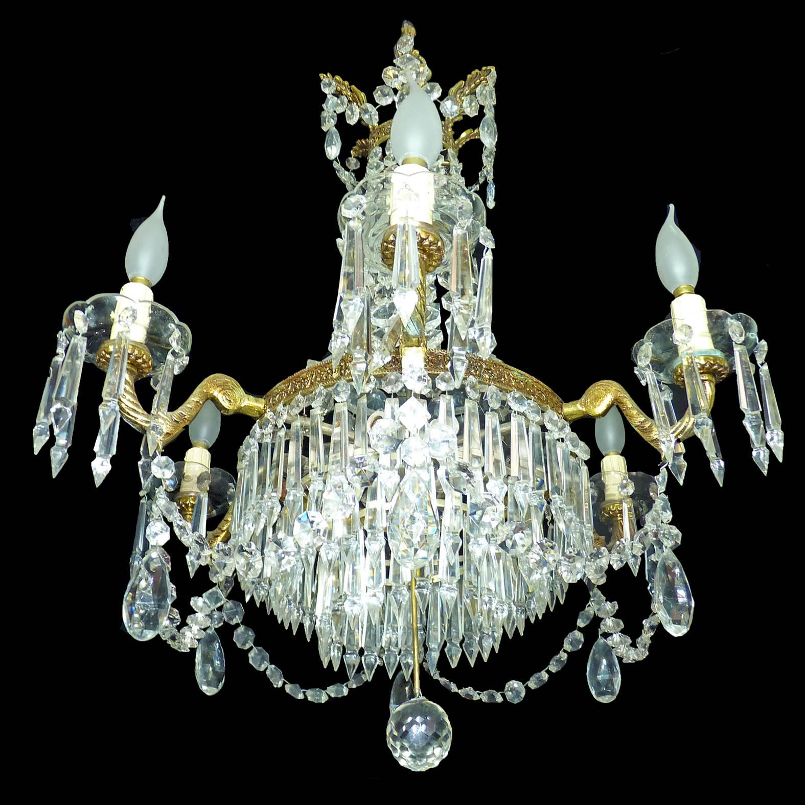 French Empire Regency Crystal and Gilt Bronze 12-Light Wedding Cake Chandelier In Good Condition For Sale In Coimbra, PT