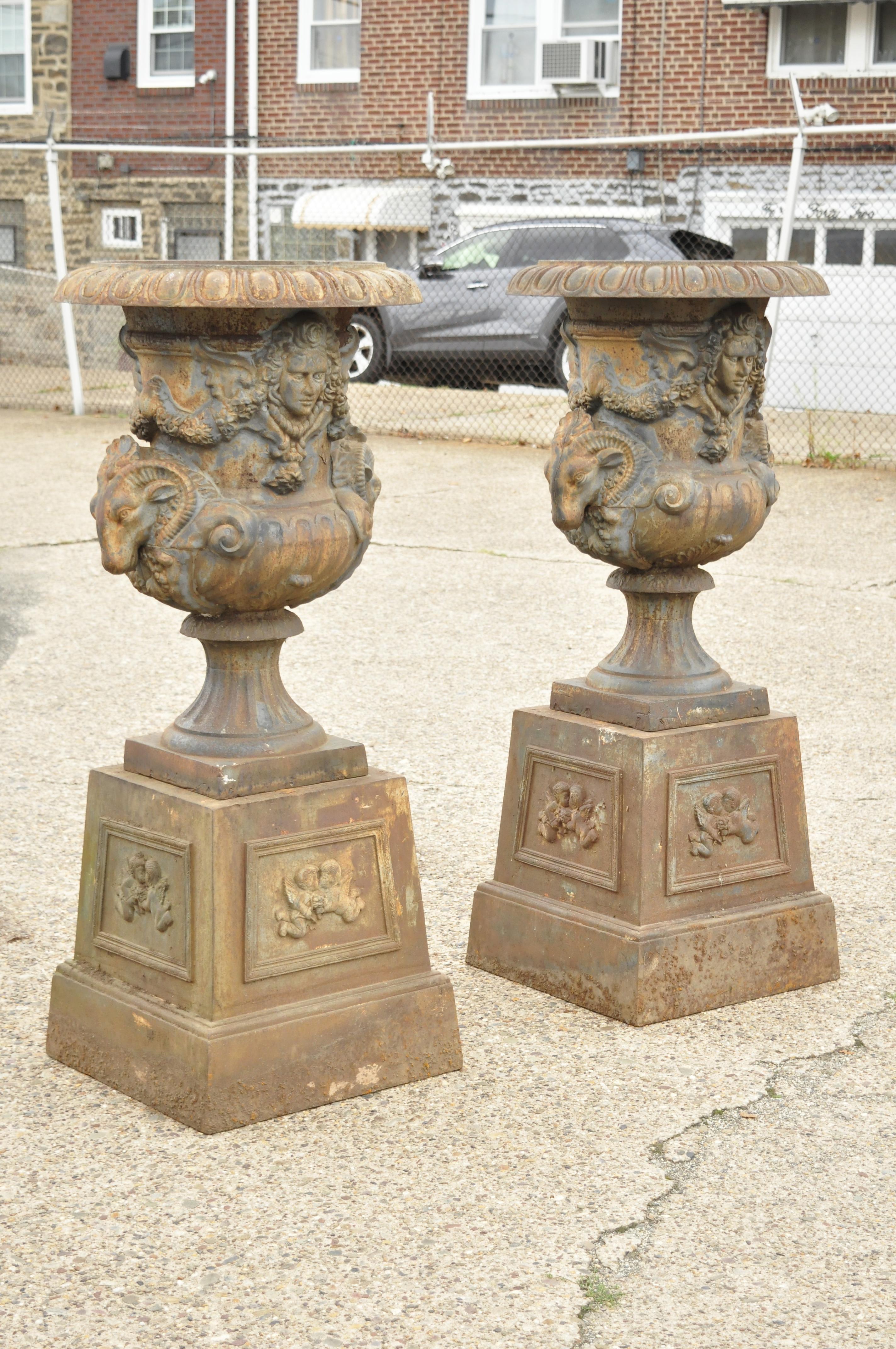 French Large Cast Iron Rams Head Garden Urn Planters, a Pair For Sale 3