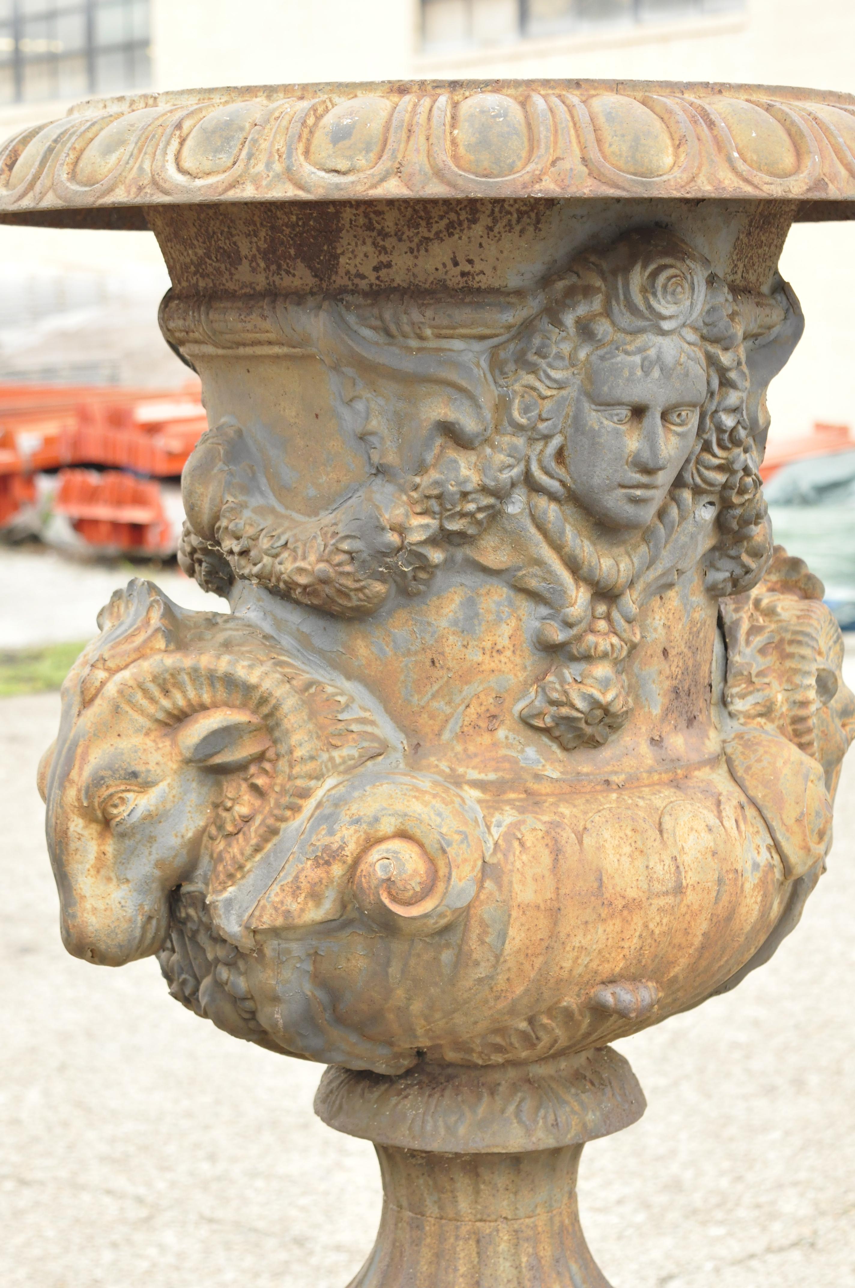 Regency French Large Cast Iron Rams Head Garden Urn Planters, a Pair For Sale