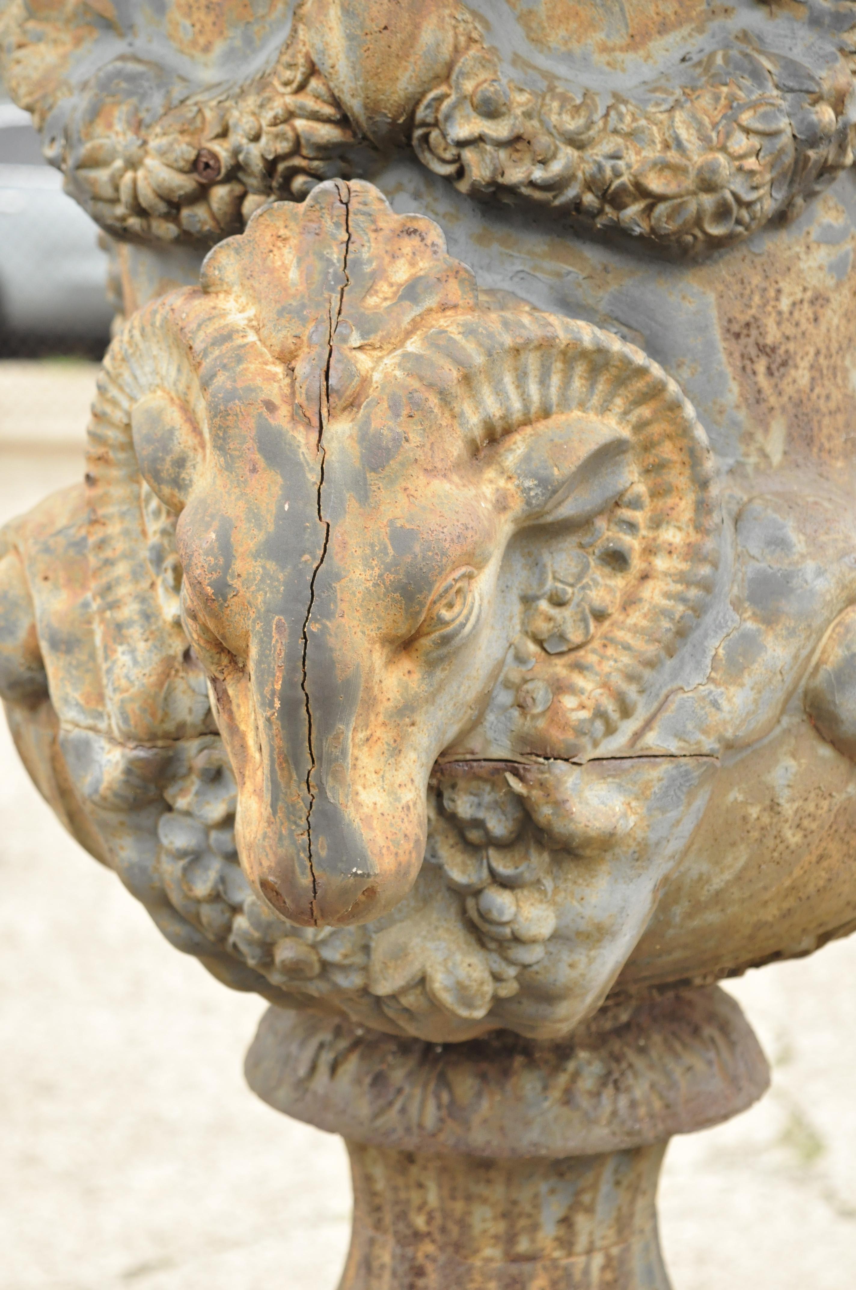 French Large Cast Iron Rams Head Garden Urn Planters, a Pair In Good Condition For Sale In Philadelphia, PA