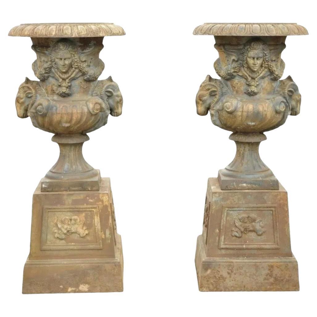 French Empire Regency Large Cast Iron Rams Head Garden Urn Planters - a Pair