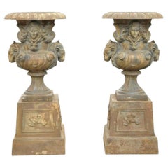 French Empire Regency Large Cast Iron Rams Head Garden Urn Planters - a Pair