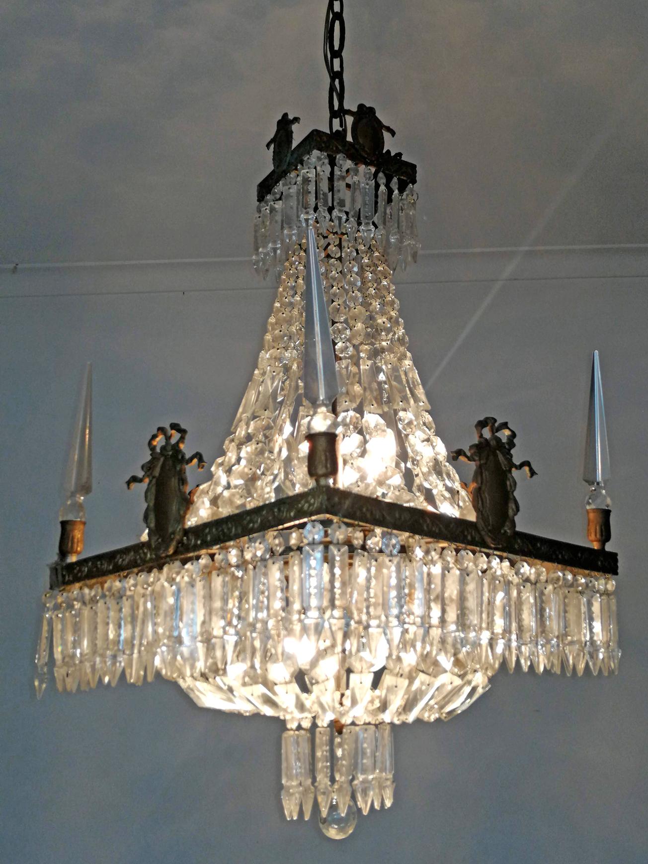 French Empire Regency Louis XV Crystal Obelisks Basket Bronze Chandelier For Sale 6