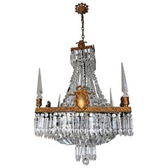 French Empire Regency Louis XV Crystal Obelisks Basket Bronze Chandelier