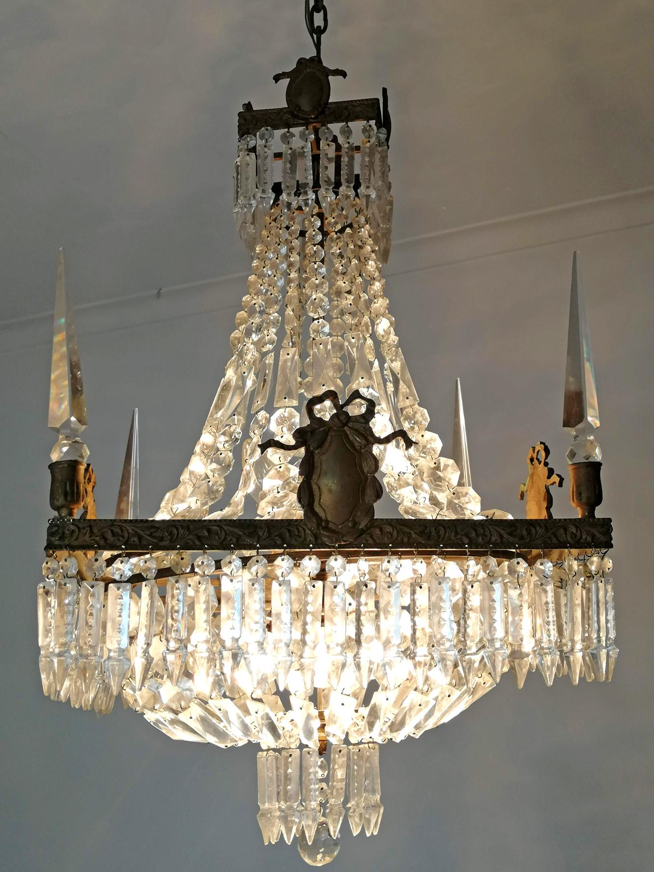 French Empire Regency Louis XV Crystal Obelisks Basket Bronze Chandelier For Sale 3