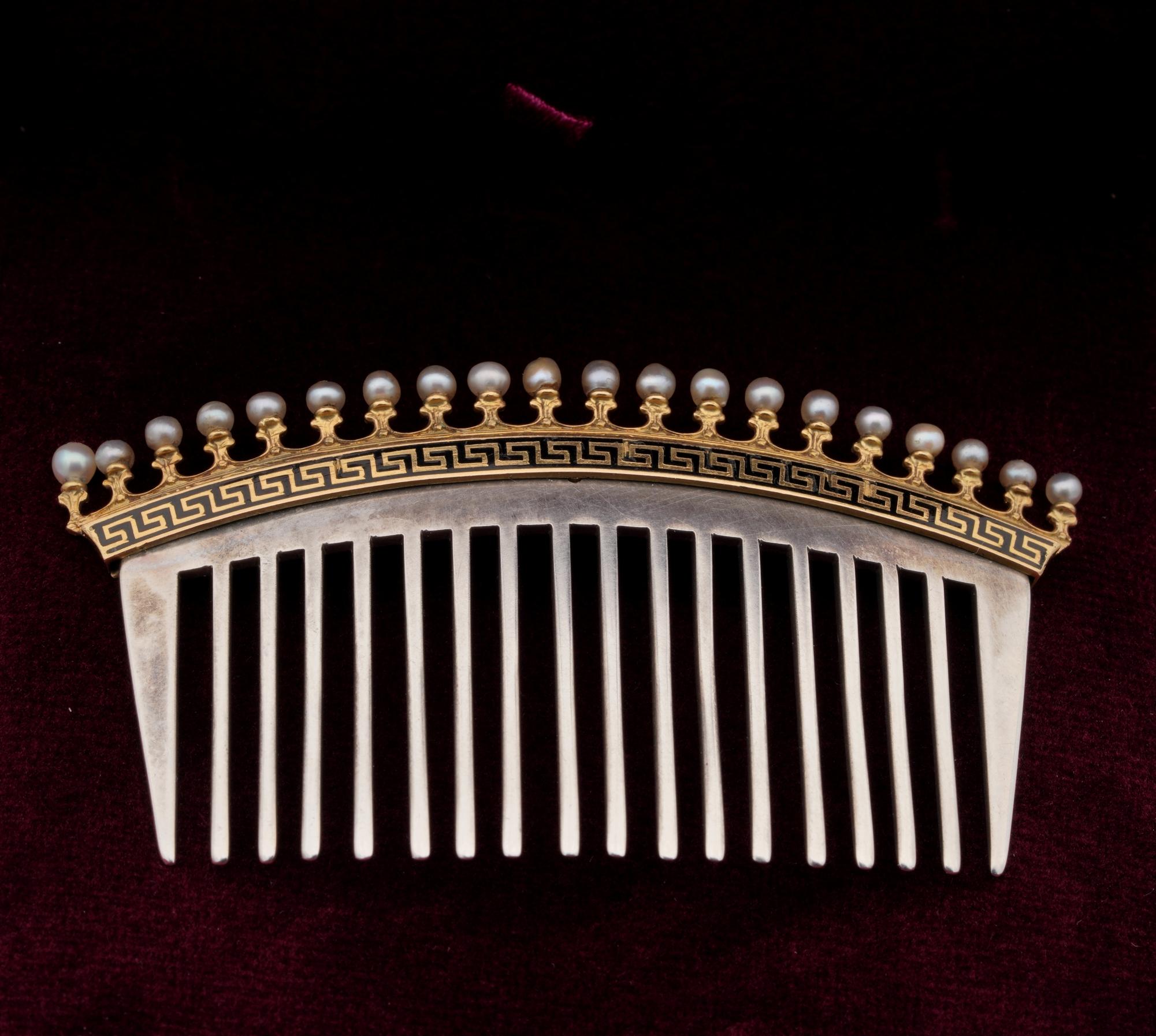 The rarity corner

Magnificent French Empire - Regency period 1800/1820 ca – tiara comb hair ornament
Entirely made of 18 KT gold for the top and solid silver for the comb
Beautifully adorned with Natural Pearls and black Enamelling Greek Key motifs