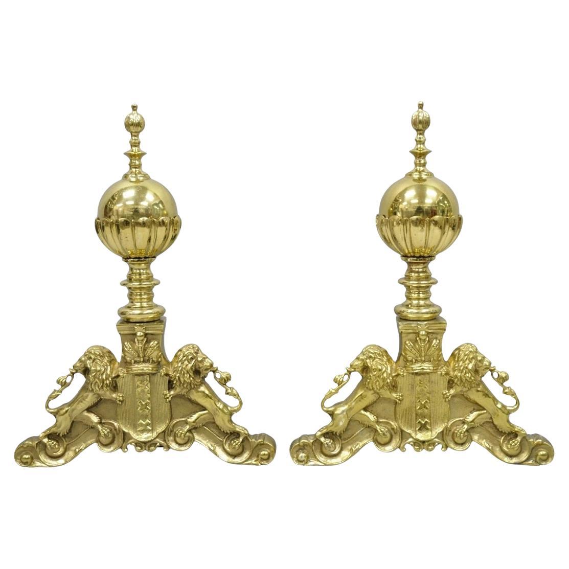French Empire Renaissance Brass Lion Coat of Arms Cannonball Andirons - a Pair