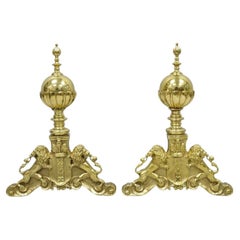 French Empire Renaissance Brass Lion Coat of Arms Cannonball Andirons - a Pair