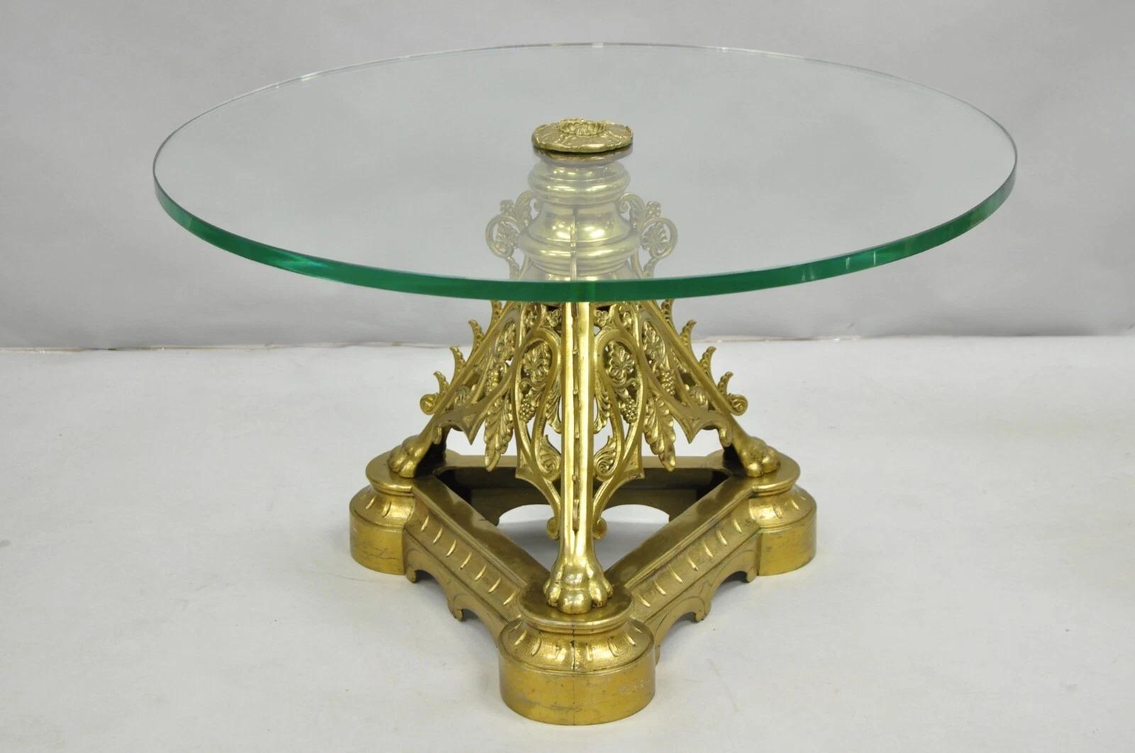 French Empire Renaissance Bronze Paw Foot Pedestal Base Round Glass Coffee Table im Angebot 7