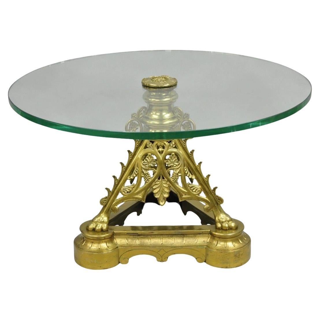 French Empire Renaissance Bronze Paw Foot Pedestal Base Round Glass Coffee Table im Angebot