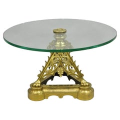 Antique French Empire Renaissance Bronze Paw Foot Pedestal Base Round Glass Coffee Table