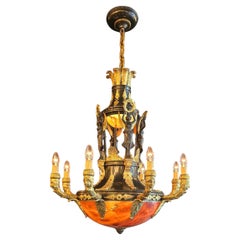 French Empire Revival Alabaster & Bronze Chandelier, Early 20th Century
