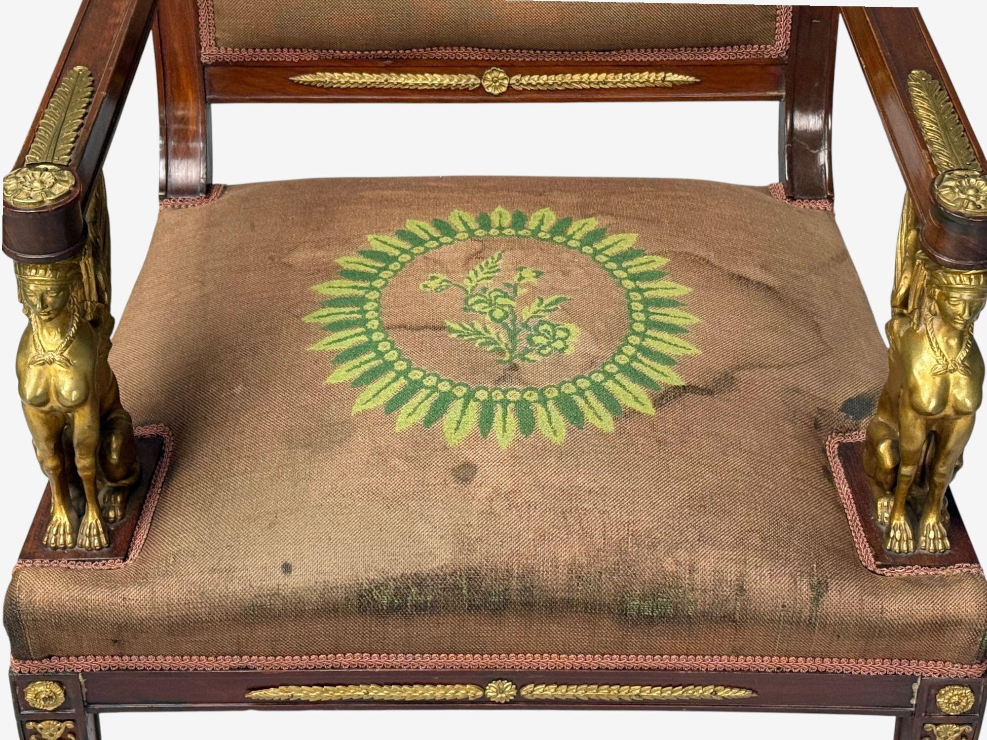 Renacimiento Imperio Francés, Bronce, Caoba, Tapicería, Sillones, Francia, s. XIX en venta 6
