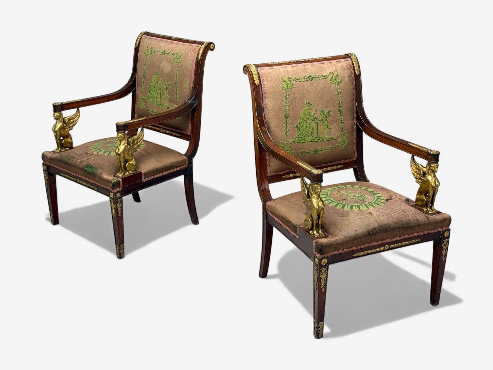 Renacimiento Imperio Francés, Bronce, Caoba, Tapicería, Sillones, Francia, s. XIX en Bueno estado para la venta en Manhasset, NY