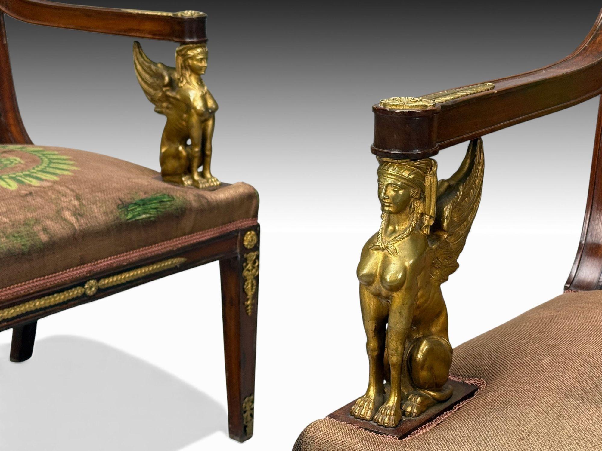 Renacimiento Imperio Francés, Bronce, Caoba, Tapicería, Sillones, Francia, s. XIX en venta 1