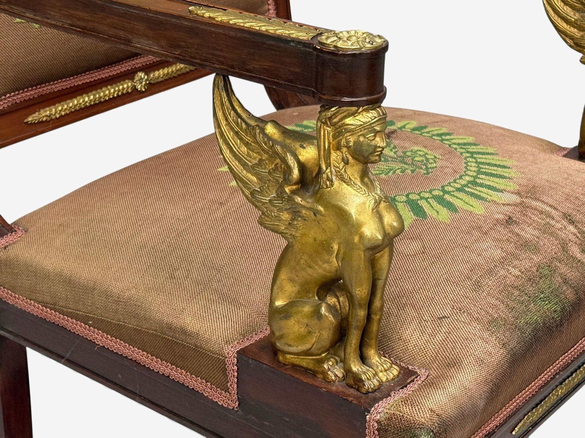Renacimiento Imperio Francés, Bronce, Caoba, Tapicería, Sillones, Francia, s. XIX en venta 4