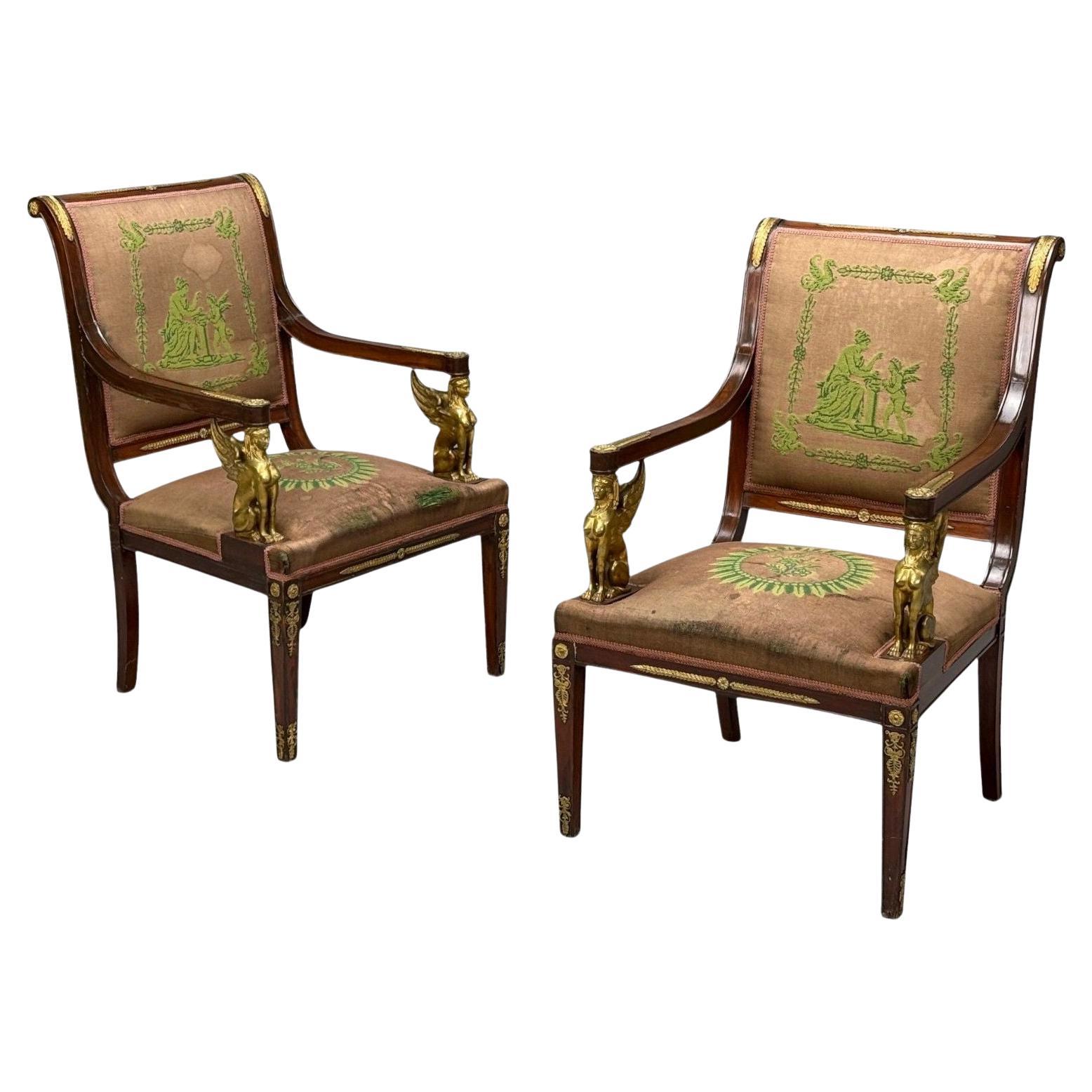 Renacimiento Imperio Francés, Bronce, Caoba, Tapicería, Sillones, Francia, s. XIX en venta