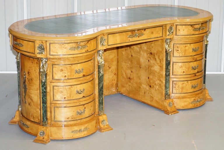 We are delighted to offer for sale this very rare French Empire Revival style burr walnut with bronze mounts and Malachite pillars kidney desk

This is a rare desk and that’s for sure, I’ve never seen another like it both in finish and style.