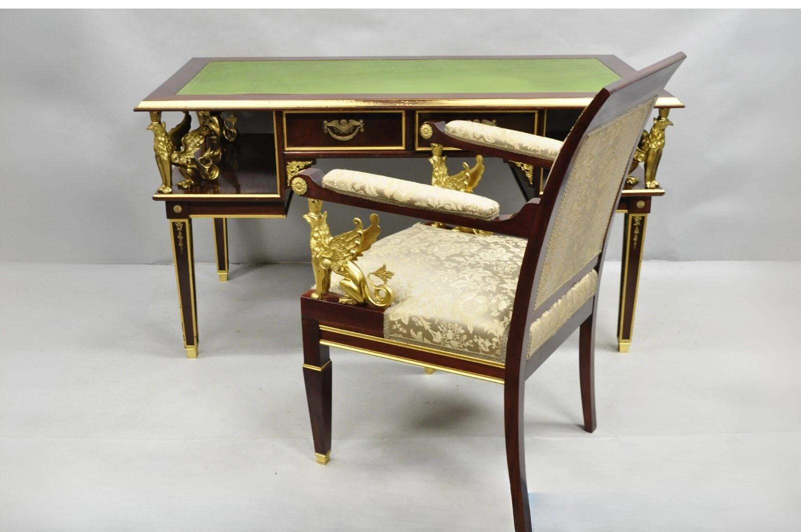 French Empire Revival Grünes Leder Top Bronze Griffin Mahagoni Schreibtisch & Stuhl im Angebot 7