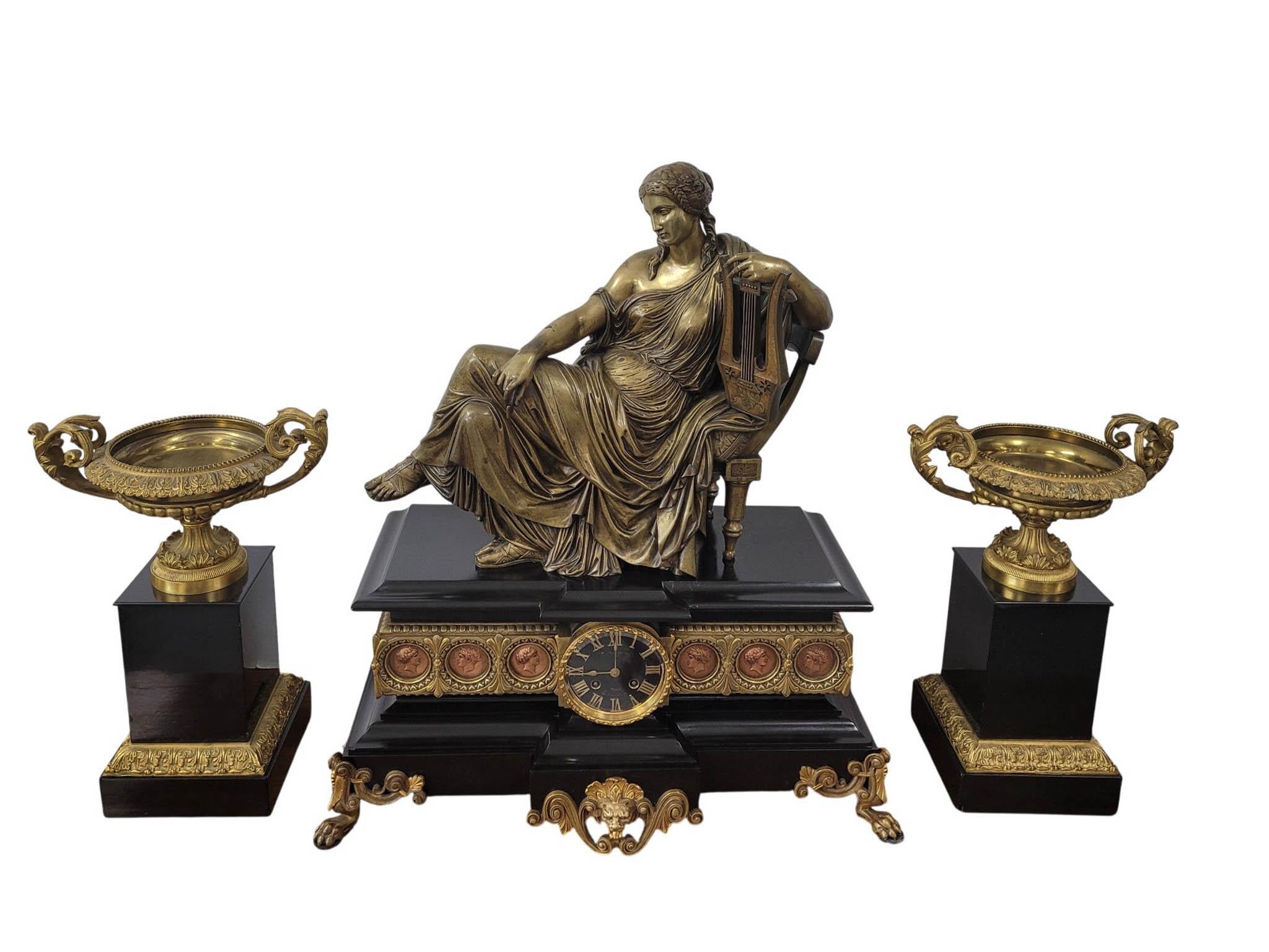 Empire Revival 19th Century French Empire Clock Garniture, Japy Frères et Cie Movement For Sale