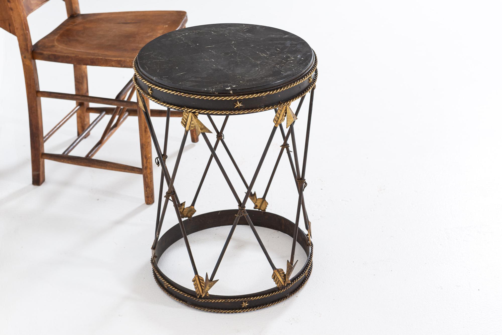 Circa 1920

French Marble Empire Revival Arrow Side Table.
With decorative twisted rope and star detailing

Iron, Brass and marble.

Sku 768

Diameter 41 x H51 cm