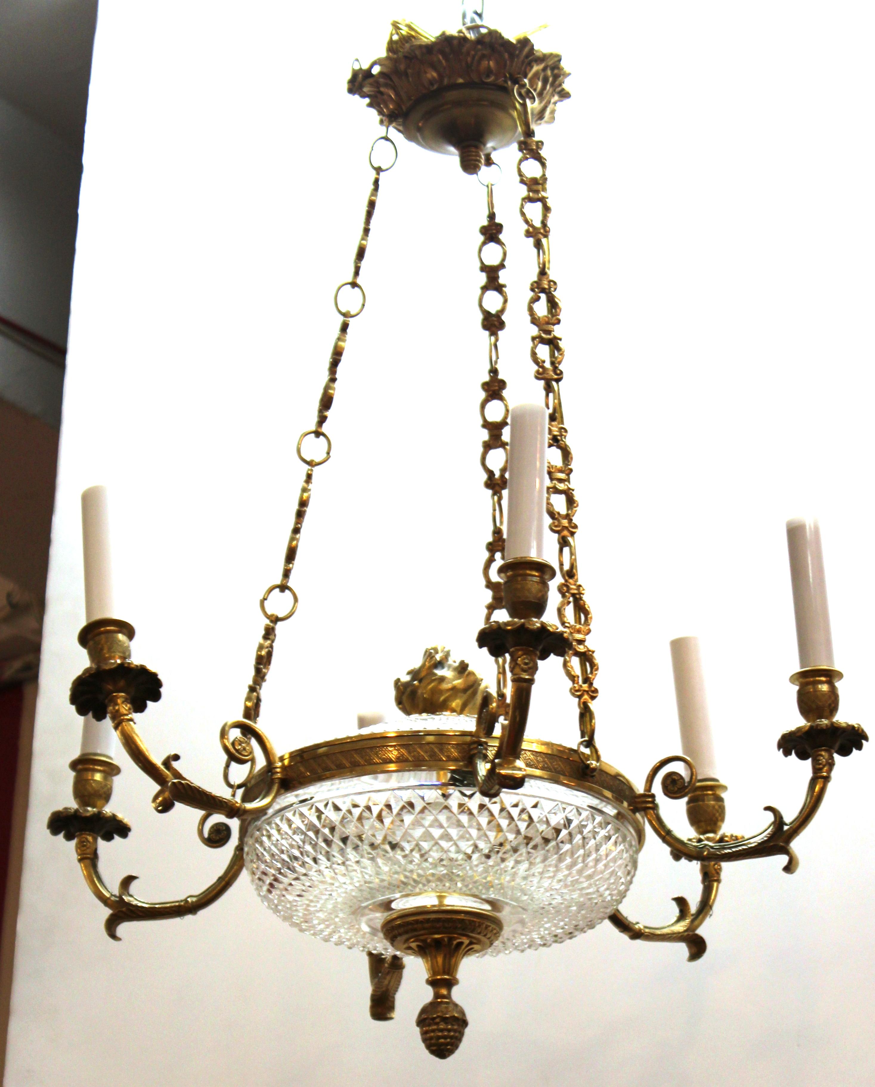 French Empire revival style chandelier pendant with six arms and crystal inserts. The piece has been rewired and is in great vintage condition with age-appropriate wear.