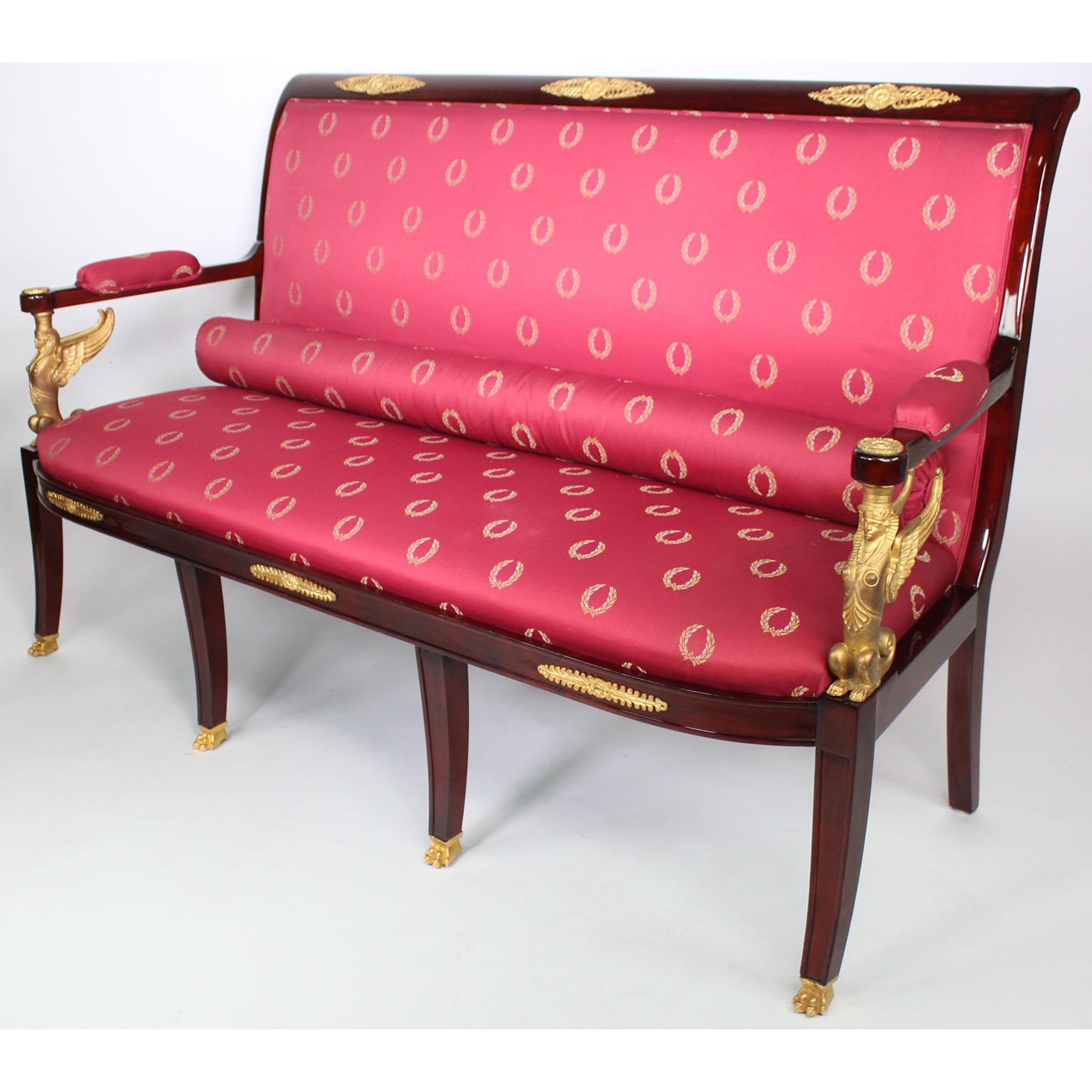20th Century French Empire Revival Style 5 Piece Mahogany & Gilt-Bronze Sphinxes Salon Suite For Sale