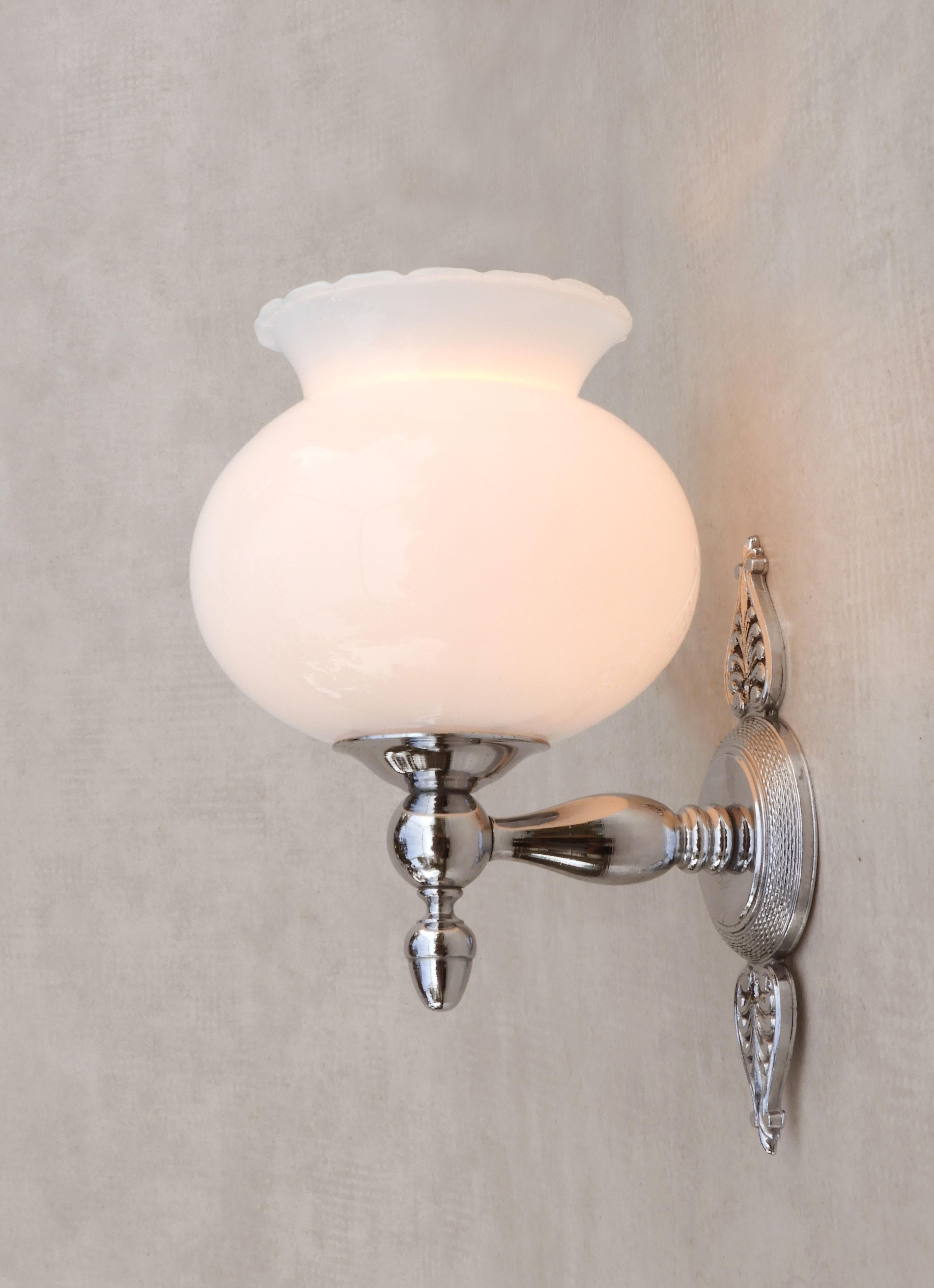 20th Century French Empire Revival Wall Light Sconces in Opaline and Chrome, circa 1970 For Sale