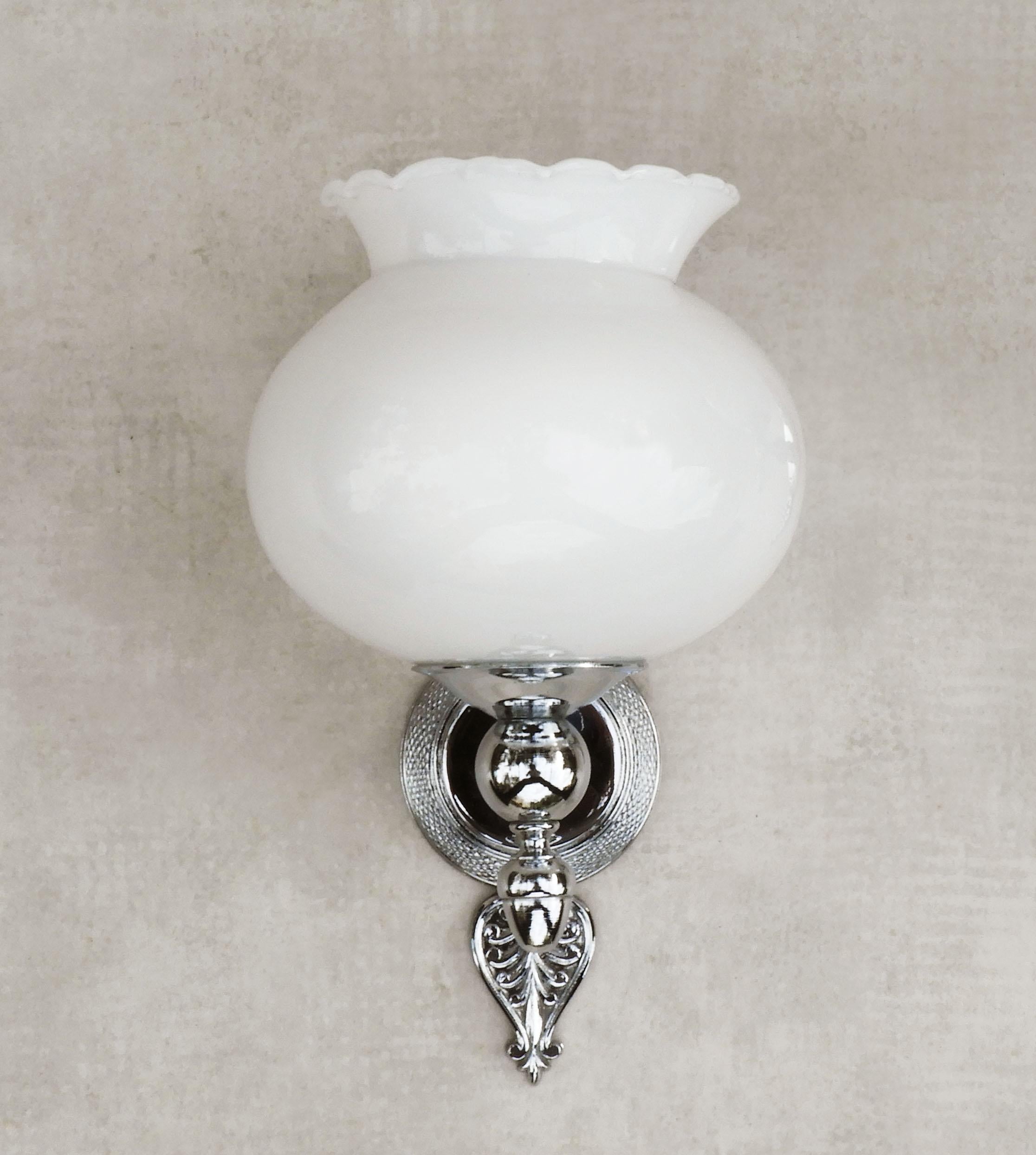 Opaline Glass French Empire Revival Wall Light Sconces in Opaline and Chrome, circa 1970 For Sale