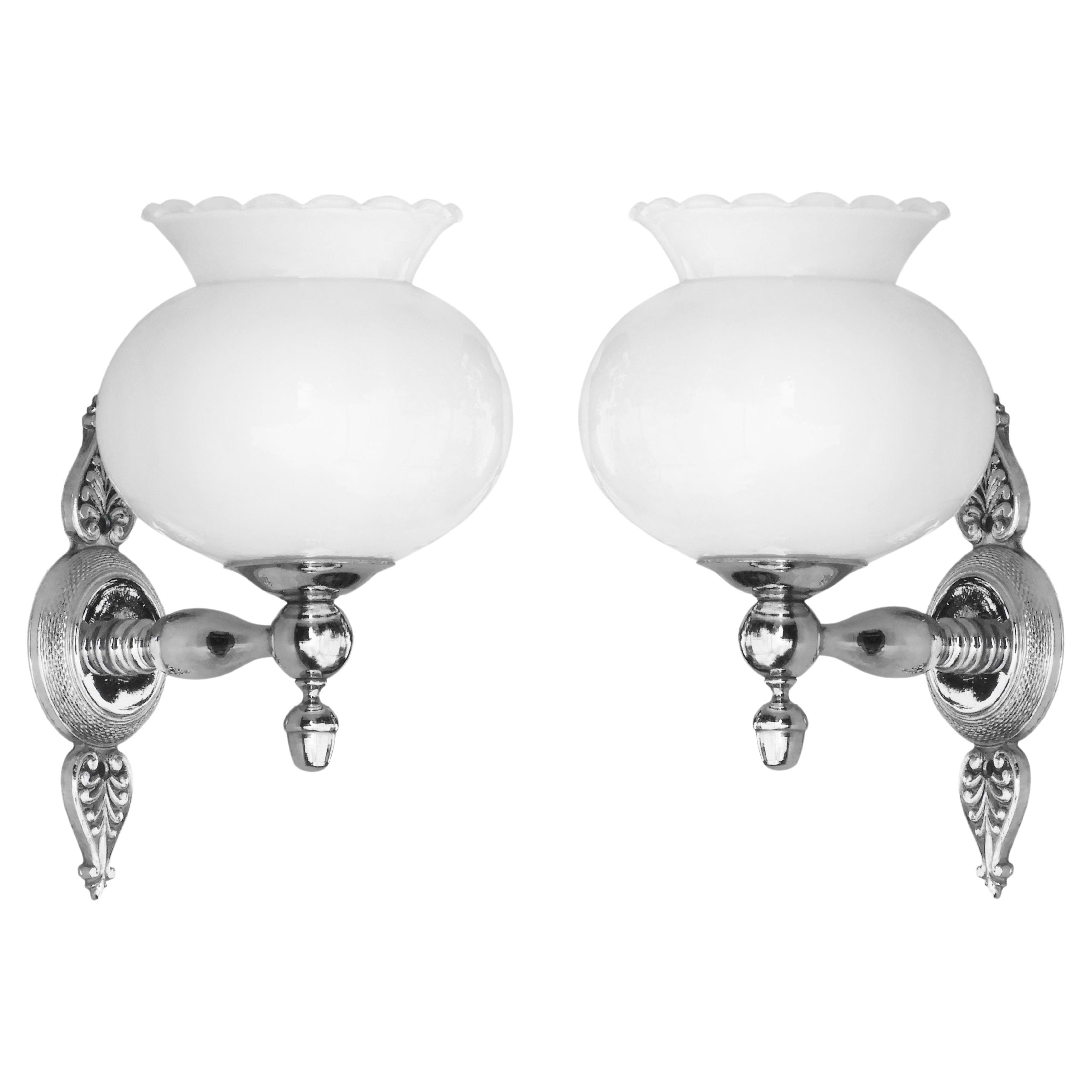 French Empire Revival Wall Light Sconces in Opaline and Chrome, circa 1970