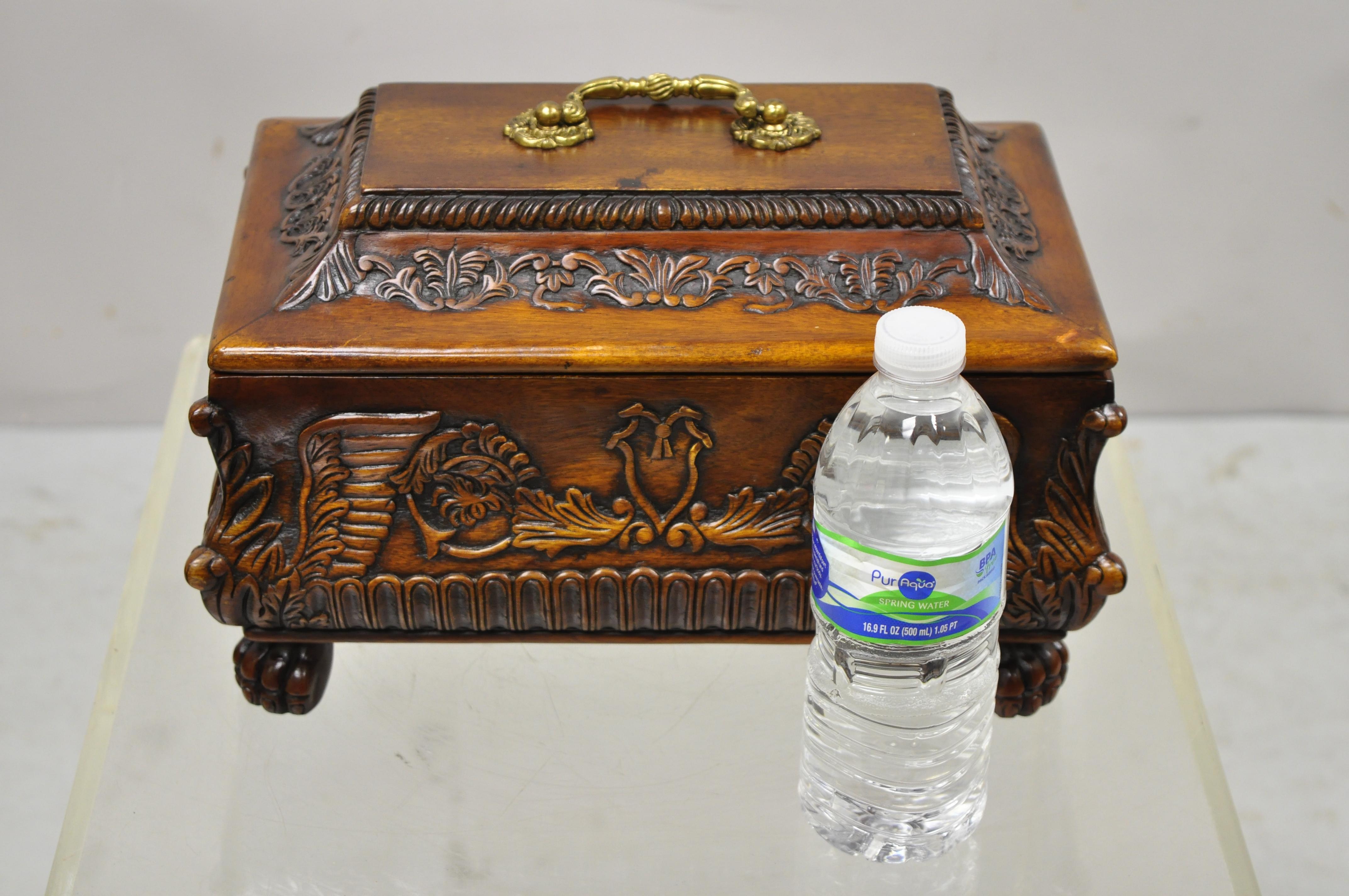 French Empire Rococo Style Carved Mahogany Paw Feet Jewelry Vanity Trinket Box For Sale 2
